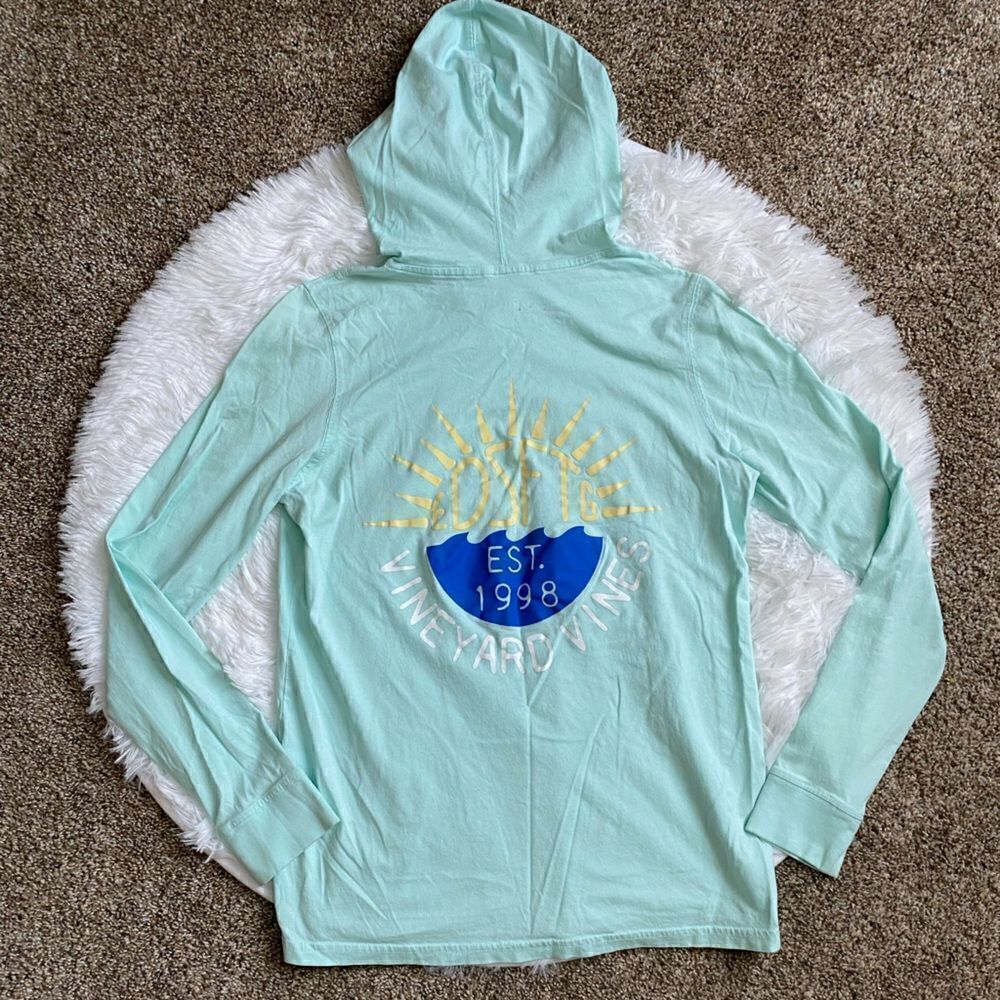 Vineyard Vines Pullover Top Hooded Teal Thin Lightweight Women’s Small Tiny FLAW